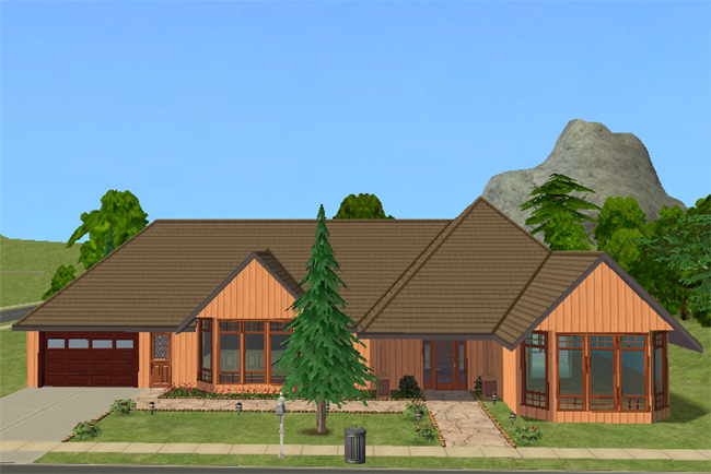 A wide one-story ranch house with orange wood siding, a brown roof, red garage door, large front windows, evergreen trees, and landscaped paths.