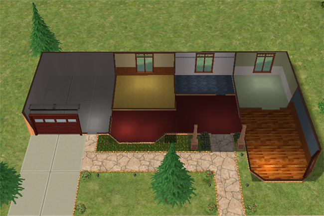 An overhead view shows the unfurnished one-story layout with a garage, two bedrooms, one bathroom, central living spaces, and a front path through the landscaping.