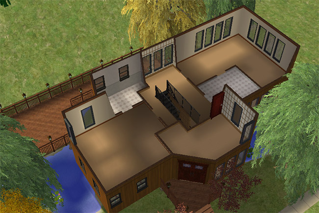 A cutaway view of the second floor shows two bedrooms, two bathrooms, a central stair landing, and many windows overlooking the trees and water.
