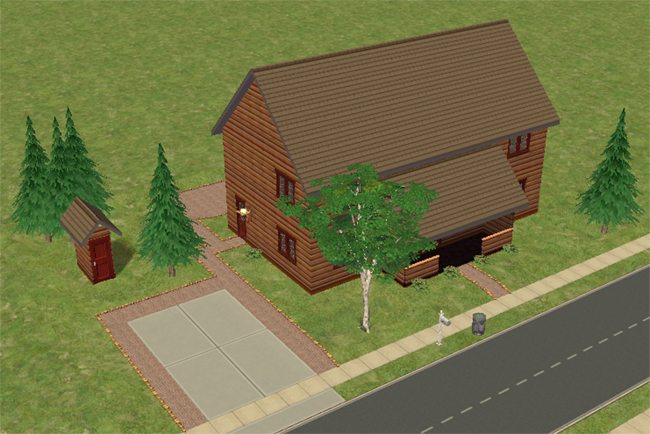 An angled side view shows the log-sided house with a driveway, trees, a small outbuilding, and paths leading around the lot.