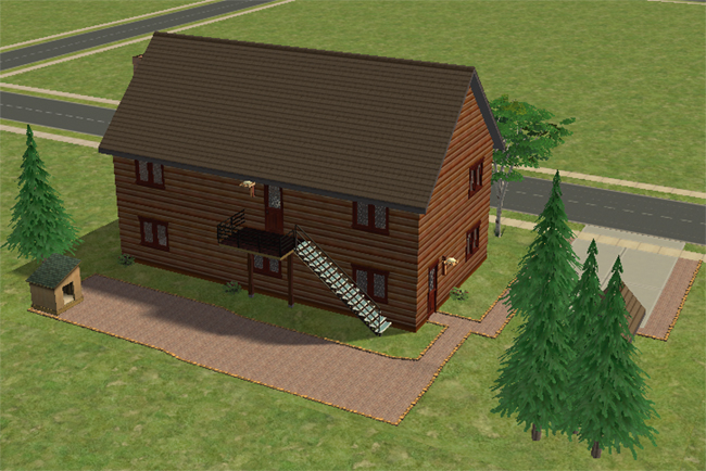 A rear view shows the two-story log house with outdoor stairs, a hot tub area, a small pet house, trees, and paved paths around the back.