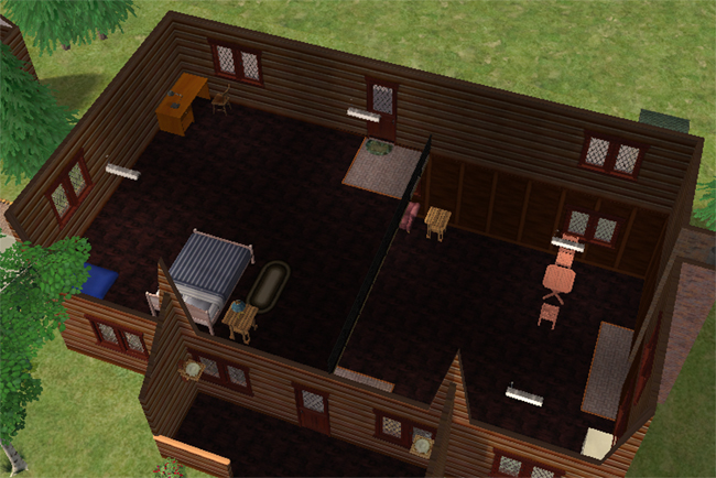 A cutaway view of the second floor shows a bedroom, open activity space, sparse furnishings, and dark wood walls and flooring.