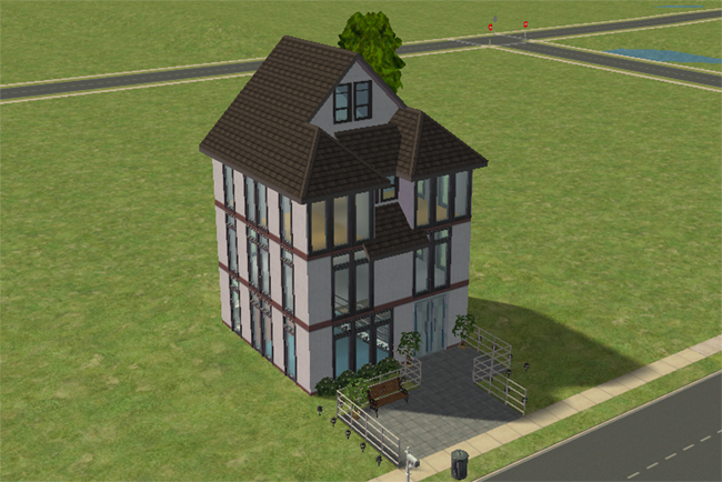 An angled view of a tall Sims 2 city house with large windows, dark trim, a front patio, outdoor benches, planters, and modern railings.