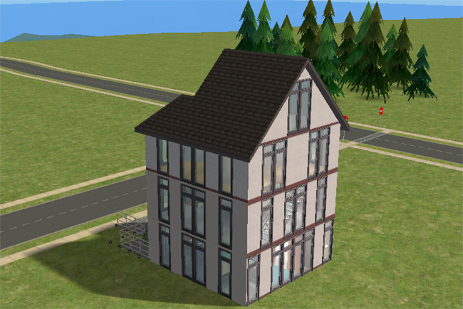 The rear of a narrow Sims 2 city house with Tudor-style details, large windows, a steep roofline, and a small patio visible at the front side.