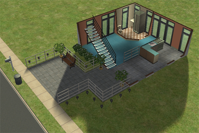 The first floor of a Sims 2 city house with a front patio, stairs, bathroom, small kitchen area, open living space, and large windows.