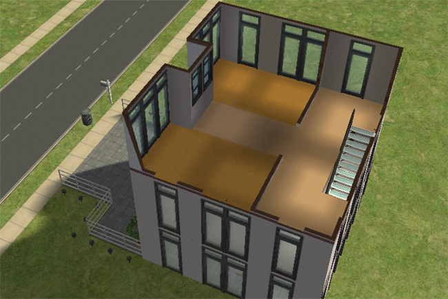 The third floor of a Sims 2 city house with warm flooring, large windows, stairs, and open space for bedrooms or private rooms.