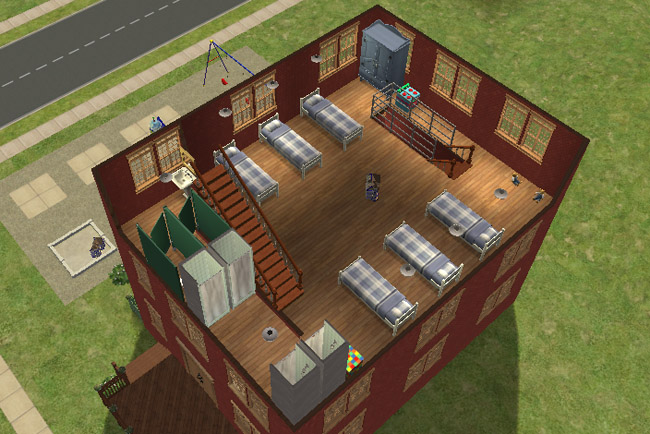 A cutaway view of the third floor shows a dorm-like bedroom level with multiple beds, bathrooms, changing stalls, stairs, and a wardrobe.