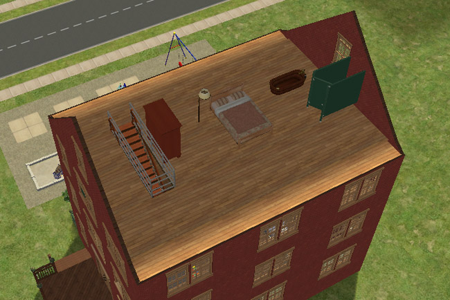 A cutaway view of the fourth floor shows a smaller private living area with a bed, dresser, mirror, exercise equipment, and stair access.