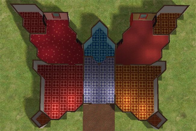 Top-down floorplan view of Butterfly Bungalow showing the full butterfly-shaped layout with colorful wing sections, central entry hall, two bedrooms, two bathrooms, and mirrored room placement.