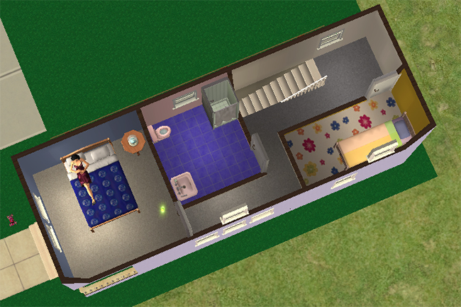 Upstairs floorplan view showing two compact bedrooms connected by a central hallway and bathroom with blue tile flooring and a shower.