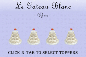 A classic white wedding cake with frosting ruffles and a selection of detailed toppers including floral arrangements.