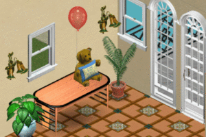 A teddy bear holding a get well pillow and a red balloon is sitting on a desk in a rather bare room with a plant and a wall lamp.
