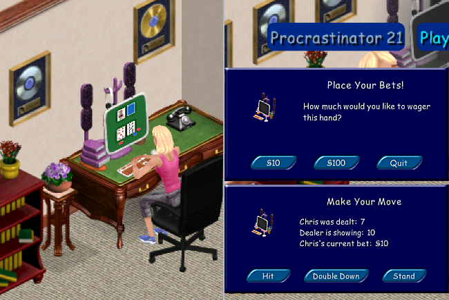New Mini-Game!  The Procrastinator 3000 computer updated its software again.  You play, your Sims play, everybody procrastinates together.  New game-within-a-game added to its Play Games features.