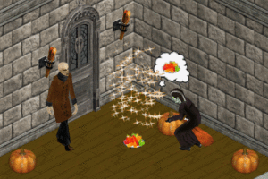 Fun and delicious pumpkin for the holidays, with a twist. Set the pumpkin anywhere you want. When it's outside, neighborhood kids will trick-or-treat between 7pm and midnight. If you serve it, it magically transforms into a pumpkin pie. Then lots of silly new things start happening. Who said you can't have a pie chock full of easter eggs? Nobody here. Best to find out all the actions and surprises during gameplay. Happy hilarious Halloween!