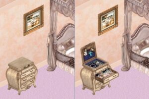 A fancy formal hope chest for all your clothing and jewelry investment needs. Sims can change their existing outfits to a variety of new ones for: normal, formal, swimsuit, pajamas, winterwear, high fashion, and even costumes. Additionally, Sim can buy, store and sell jewelry from this chest, or browse through it for Fun points. Since the chest is not billable like other household items, cannot be stolen, repossessed, or depreciate in value, it can be a nice way to squirrel away that tidy nest egg or to retrieve quick cash whenever it's needed.