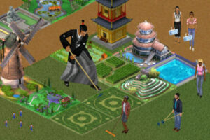 All three character sizes doing chores.
