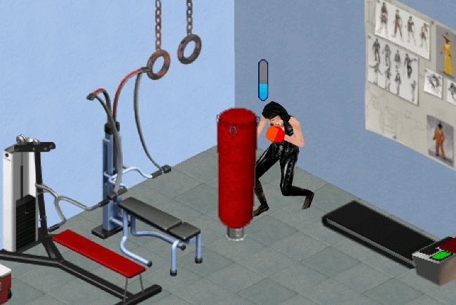 Finally something new for your gym!  This beat up ol' heavy bag can take a lickin' and in the end, you always win.  Adults or children can strap on those boxing gloves and build some Body skills and Exercise interest points, if used enough.  Why shouldn't regular exercise spark an interest in it?  Punch, kick, or do both at the same time.  Sims with higher Body, Exercise or Sports interests will gain Fun points too, and it's less expensive than therapy.
