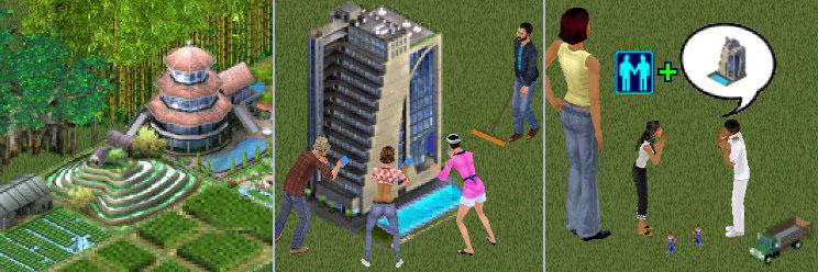 Paddy farm, sims cleaning a co-op building and sims socializing with small and tiny people.